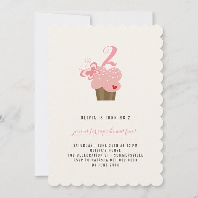 Pink Butterfly Cupcake Girl Birthday Party Invite (Front)