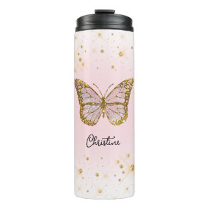 pink butterfly custom name thermal tumbler