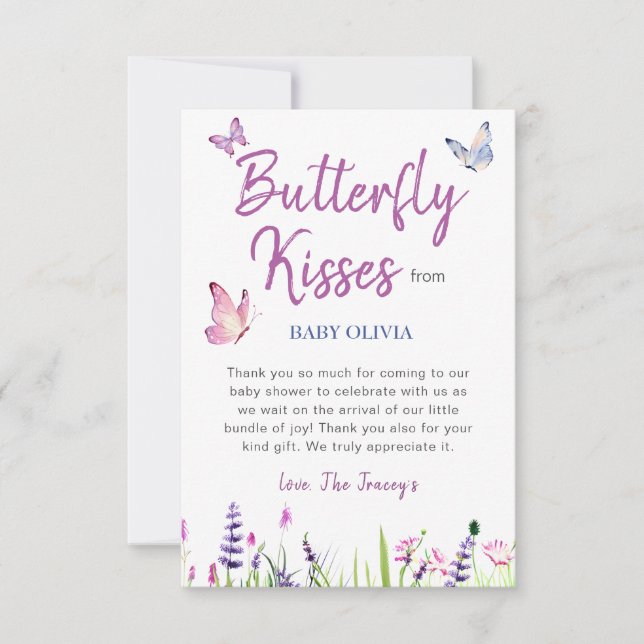 Pink Butterfly Cute Purple Girl Baby Shower Thank You Card (Front)