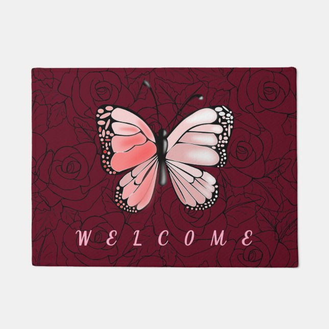 Pink Butterfly Doormat with Roses Welcome (Front)