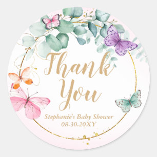 Pink Butterfly Eucalyptus Baby Shower Favour Classic Round Sticker