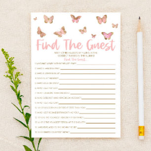 Pink Butterfly Find The Guest Baby Shower Game Stationery