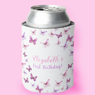 Pink Butterfly First Birthday Baby Girl  Can Cooler