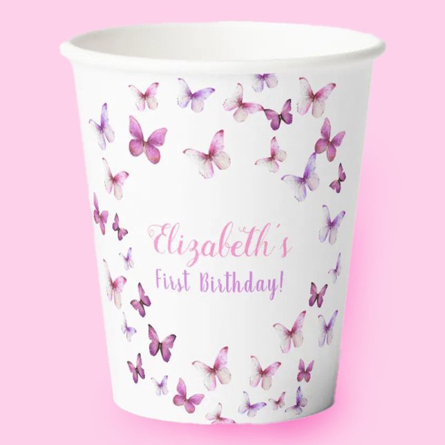 Pink Butterfly First Birthday Baby Girl  Paper Cups (Creator Uploaded)