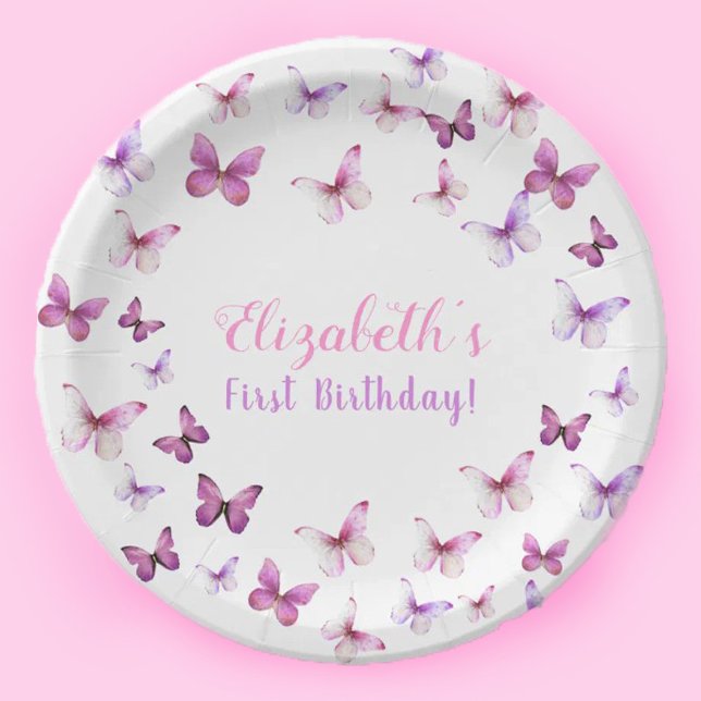 Pink Butterfly First Birthday Baby Girl  Paper Plate (Creator Uploaded)