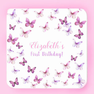 Pink Butterfly First Birthday Baby Girl Square Paper Coaster