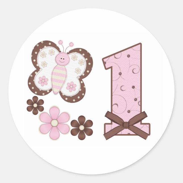 Pink Butterfly First Birthday Classic Round Sticke Classic Round Sticker (Front)