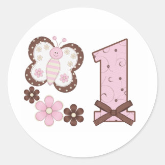 Pink Butterfly First Birthday Classic Round Sticke Sticker