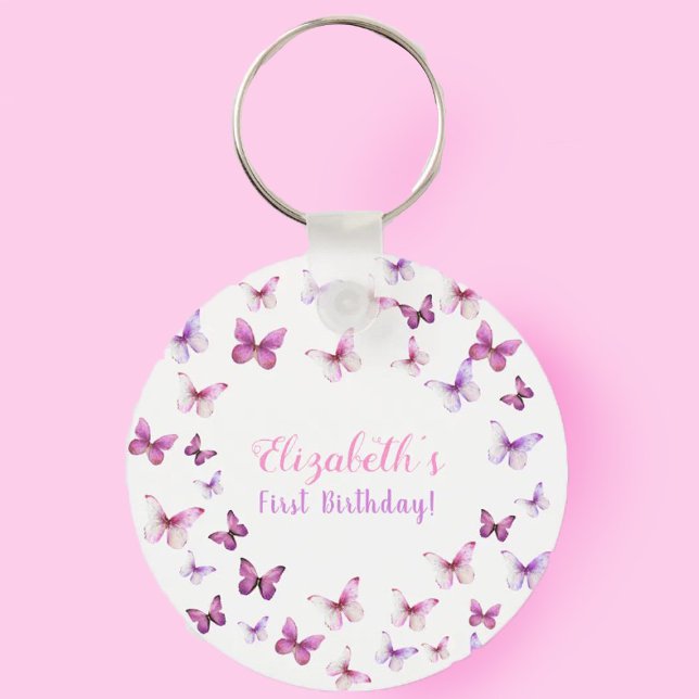 Pink Butterfly First Birthday Girl Party Favour Key Ring (Creator Uploaded)