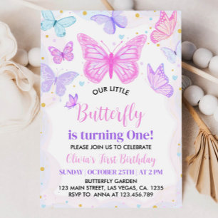 Pink Butterfly First Birthday Invitation