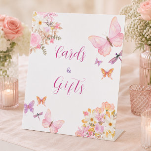 Pink butterfly Floral Baby Shower cards & gifts Pedestal Sign