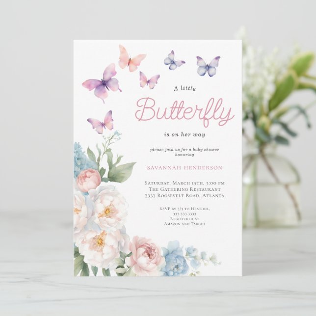 Pink Butterfly Floral Baby Shower Invitation (Standing Front)
