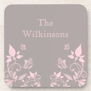 Pink Butterfly Floral Coaster Set
