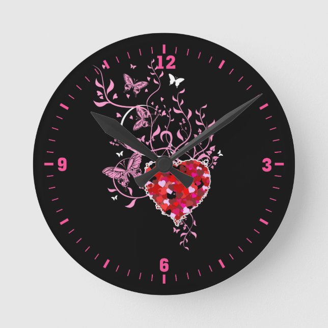 Pink Butterfly Floral Design Round Clock (Front)