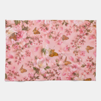 Pink Butterfly Floral Garden Kitchen Towel