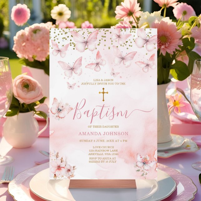Pink Butterfly Floral Girl Christening Baptism Invitation (Creator Uploaded)