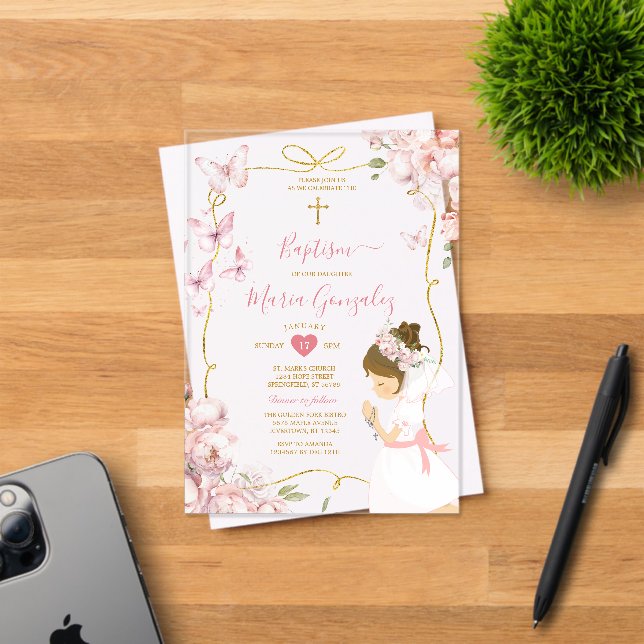 Pink Butterfly Floral Girl Praying Gold Baptism Acrylic Invitations (Insitu (Invitation Card))