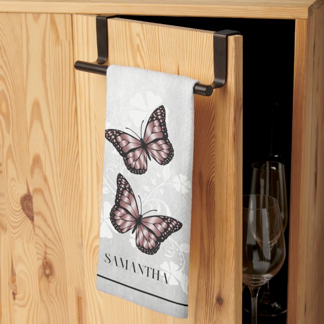 Pink Butterfly Floral Kitchen Towel (Thirds Fold)