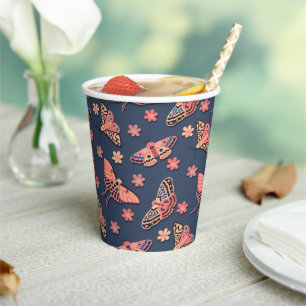 Pink Butterfly Floral Pattern on Midnight Blue Paper Cups