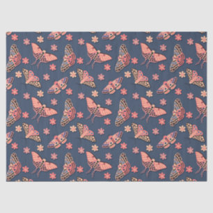 Pink Butterfly Floral Pattern on Midnight Blue Tissue Paper