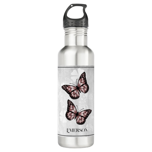 Pink Butterfly Floral Personalised 710 Ml Water Bottle (Front)