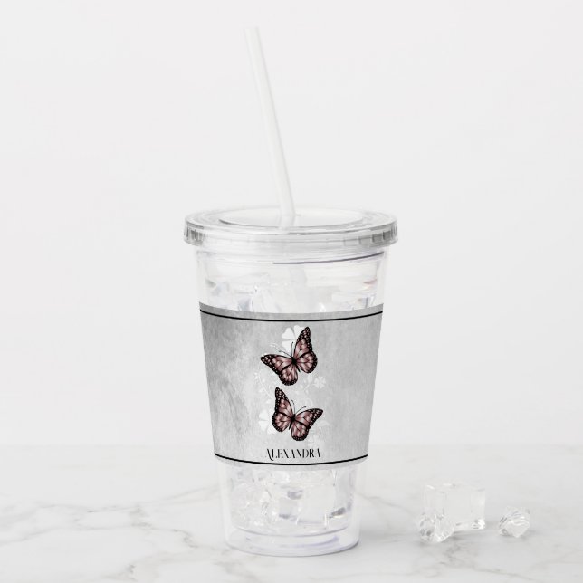 Pink Butterfly Floral Personalised Acrylic Tumbler (Front Ice)