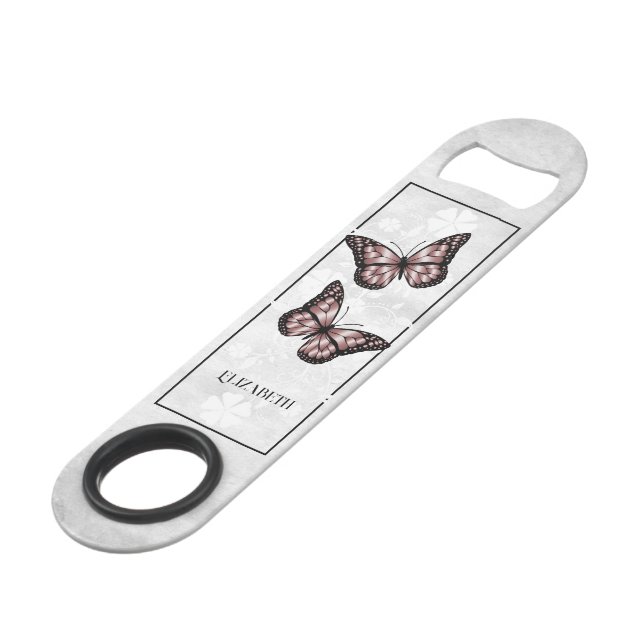 Pink Butterfly Floral Personalised Bar Key (Front Angled)