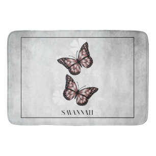 Pink Butterfly Floral Personalised Bath Mat