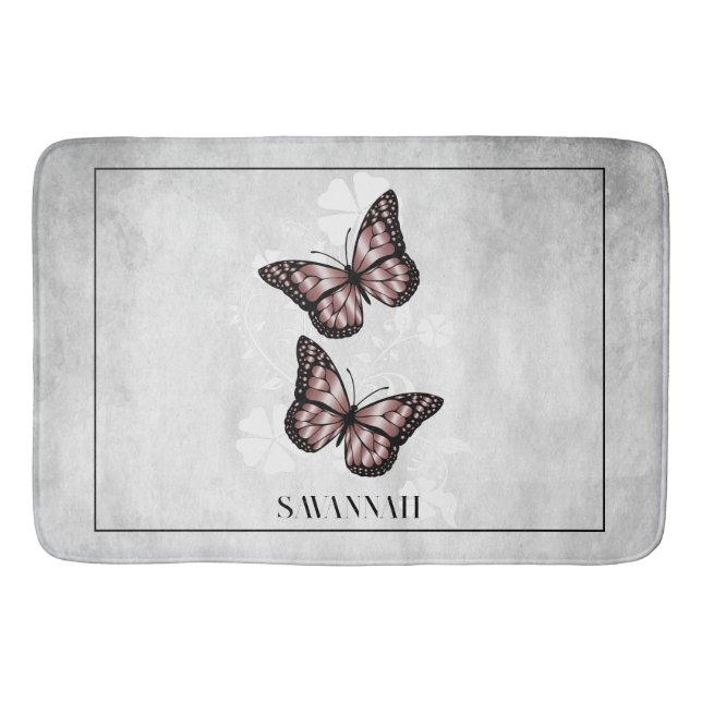 Pink Butterfly Floral Personalised Bath Mat (Front)