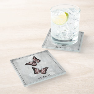 Pink Butterfly Floral Personalised Glass Coaster