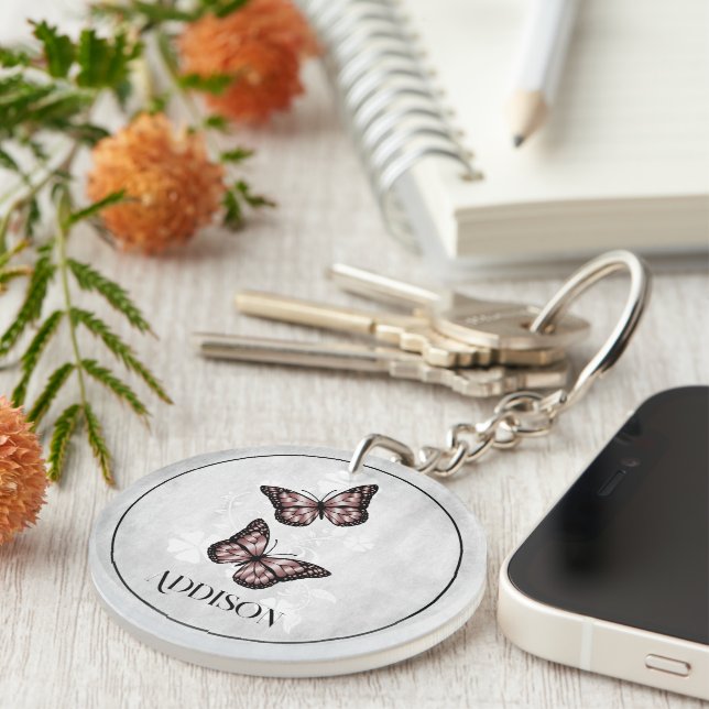 Pink Butterfly Floral Personalised Keychain (Front Right)