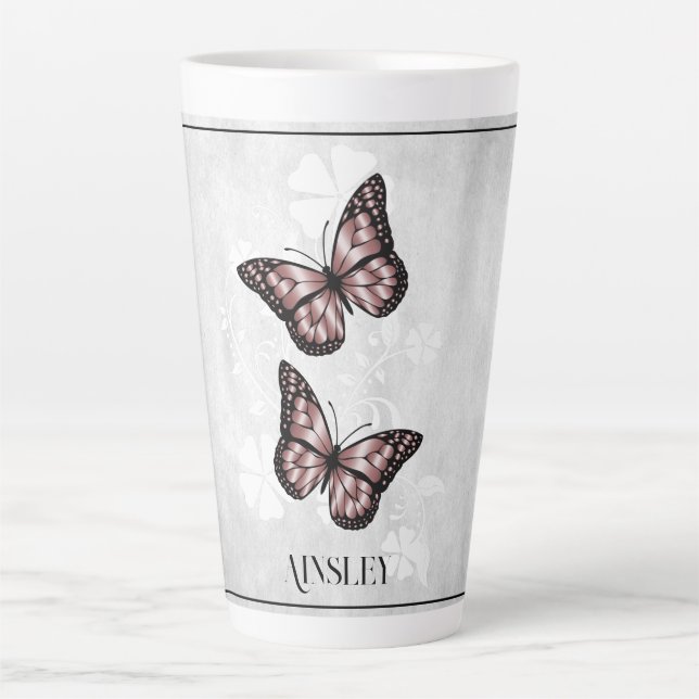 Pink Butterfly Floral Personalised Latte Mug (Front)