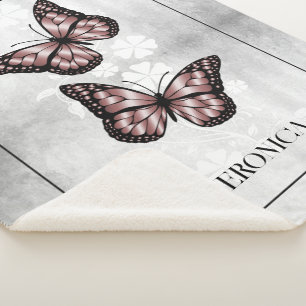 Pink Butterfly Floral Personalised Sherpa Blanket