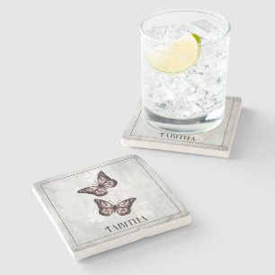 Pink Butterfly Floral Personalised Stone Coaster