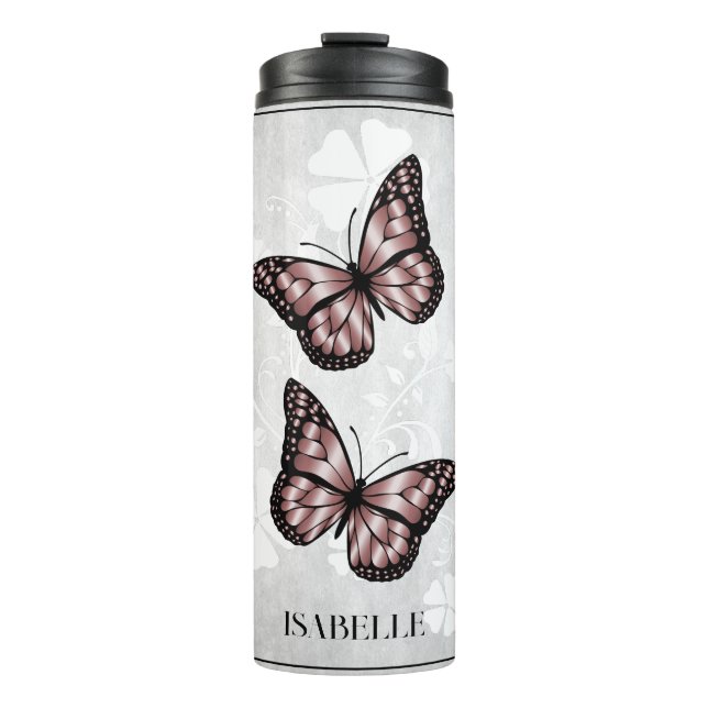 Pink Butterfly Floral Personalised Thermal Tumbler (Front)