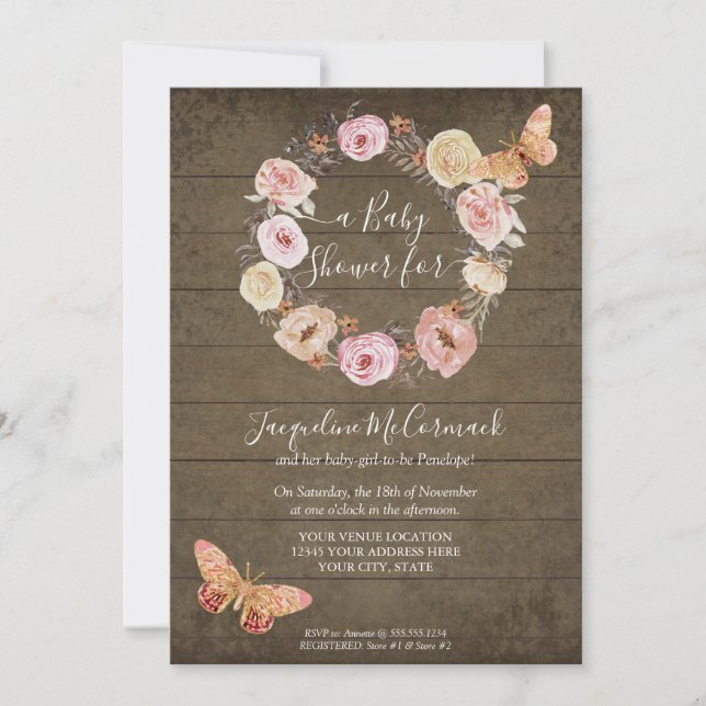 Pink Butterfly Floral Rustic Wood Wreath Baby Girl Invitation (Front)