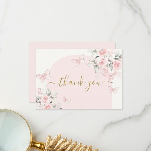 Pink Butterfly floral thank you card (Front/Back In Situ)