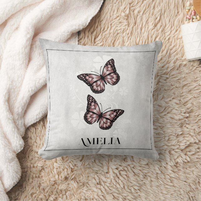 Pink Butterfly Floral Throw Pillow (Blanket)