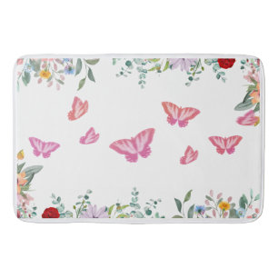 Pink Butterfly Floral Watercolor Art Bath Mat