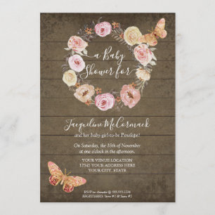 Pink Butterfly Floral Watercolor Wreath Baby Girl Invitation