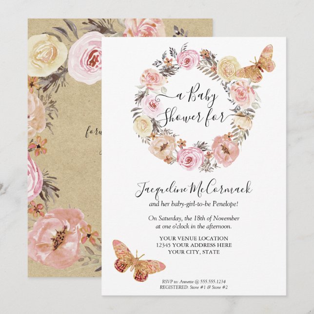 Pink Butterfly Floral Watercolor Wreath Baby Girl Invitation (Front/Back)
