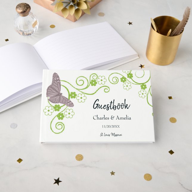 Pink Butterfly Floral Wedding Day Guestbook (Front Open)