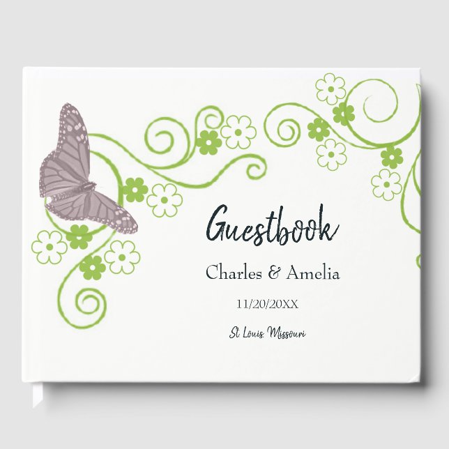 Pink Butterfly Floral Wedding Day Guestbook (Front)