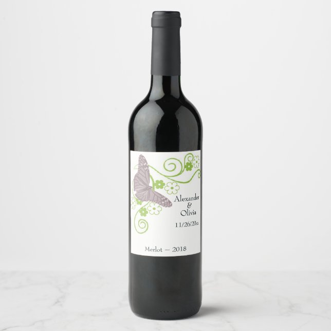 Pink Butterfly Floral Wedding Wine Label (Front)