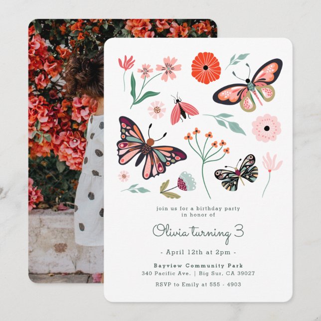 Pink Butterfly Flower Birthday Invitation (Front/Back)