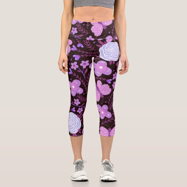 Pink Butterfly Flower Capri Leggings (Front)