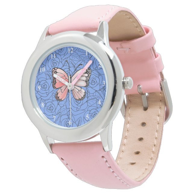 Pink Butterfly Flying In Roses Watch Gift (Angled)