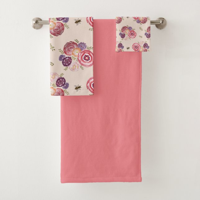 Pink Butterfly Garden Bee Painting Bath Towel Set (Insitu)