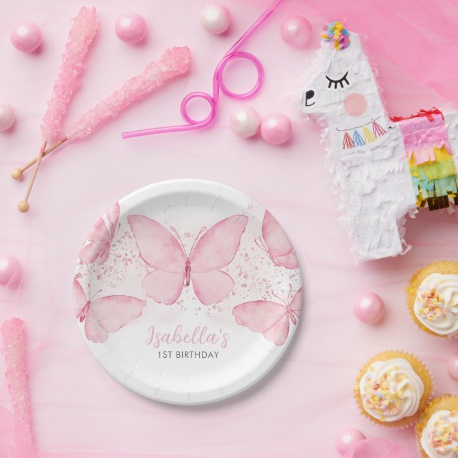 Pink Butterfly Girl 1st Birthday Party Paper Plate (Party)