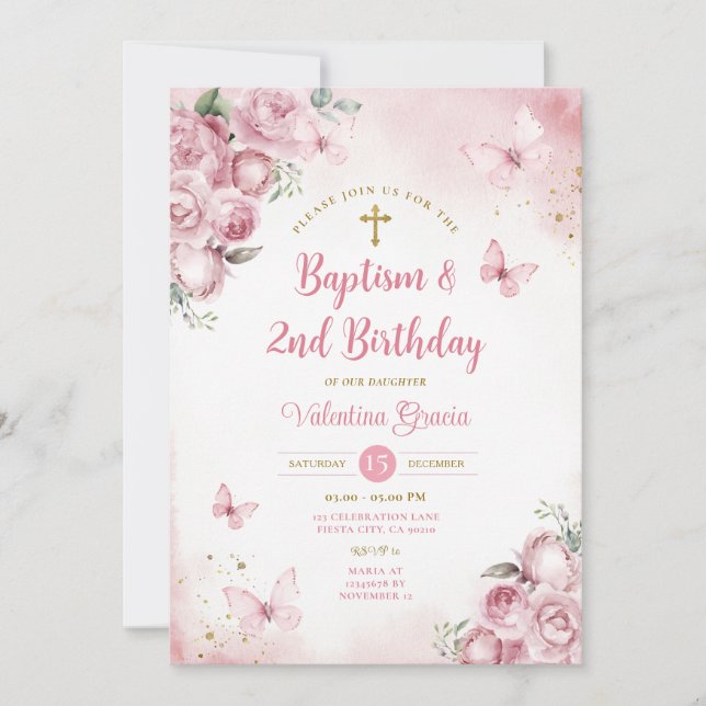 Pink Butterfly Girl 2nd Birthday Baptism Flowers Invitation (Front)